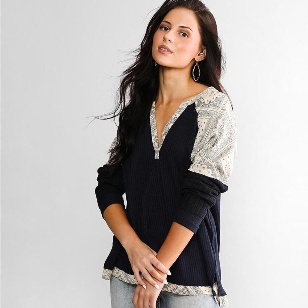 Miss Me Navy Distressed Long Sleeve Henley V-Neck Paisley Oversized Top